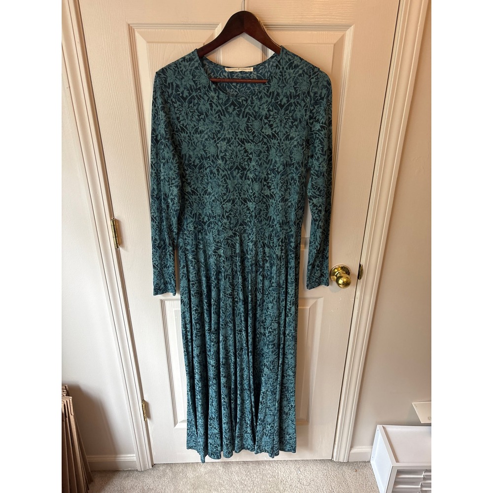 Peruvian Connection Maxi Dress Womens L Teal Floral Pima Cotton Modal Knit Boho